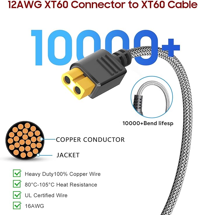 10FT/3M XT60 Extension Cable Adapter Female to Male Connector for Anker SOLIX C300 757 767 Ecoflow Delta River Solar Generator BLUETTI RC Battery RV Boats Drones 16AWG
