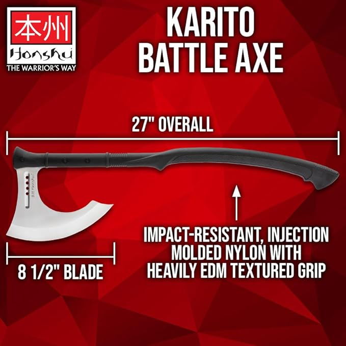 HONSHU Karito Battle Axe with Leather Sheath - 7Cr13 Stainless Steel Blade Impact-Resistant Injection-Molded Nylon Handle EDM Textured - Tradition and Innovation - Great for Breaching - Length 27”