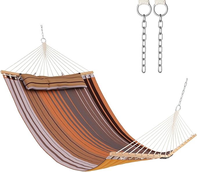 Tangkula 10.5FT Double Hammock Heavy Duty Outdoor Hammock with Curved Spreader Bars Detachable Pillow 2 Person Hammocks for Outside Porch Patio (Stand is not Included) (Coffee)