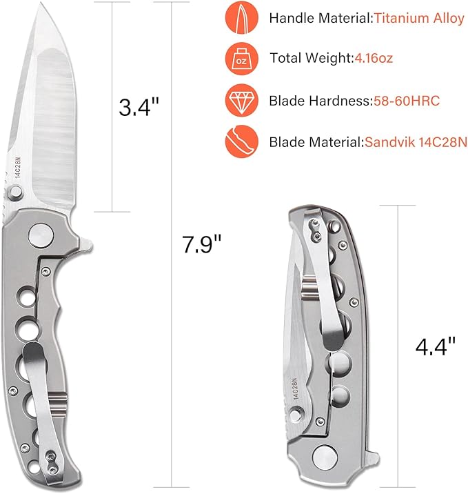 Handy Pocket Knife Folding Knife with 3.4''D2 CNC Titanium Handle Small EDC Knife with Pocket Clip for Men Women Emergency Camping Survival Hiking Knives Silvery