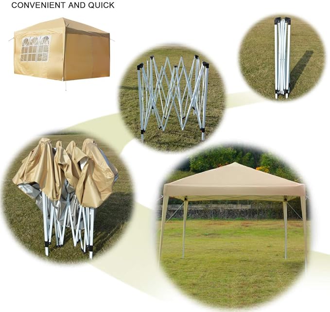 JHshop 10x10ft Canopy Tent Compact Portable Sun Shelter for Beach SportsLightweight Canopy Portable Outdoor Canopy Tent GazeboTent Camping Sun Shelter-Party Tent Easy to Set up (Khaki)