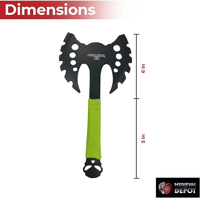 Medieval Depot Recon Double Headed Throwing Axe (Black/Green) - Stainless Steel Nylon Grip Sheath (13.5)