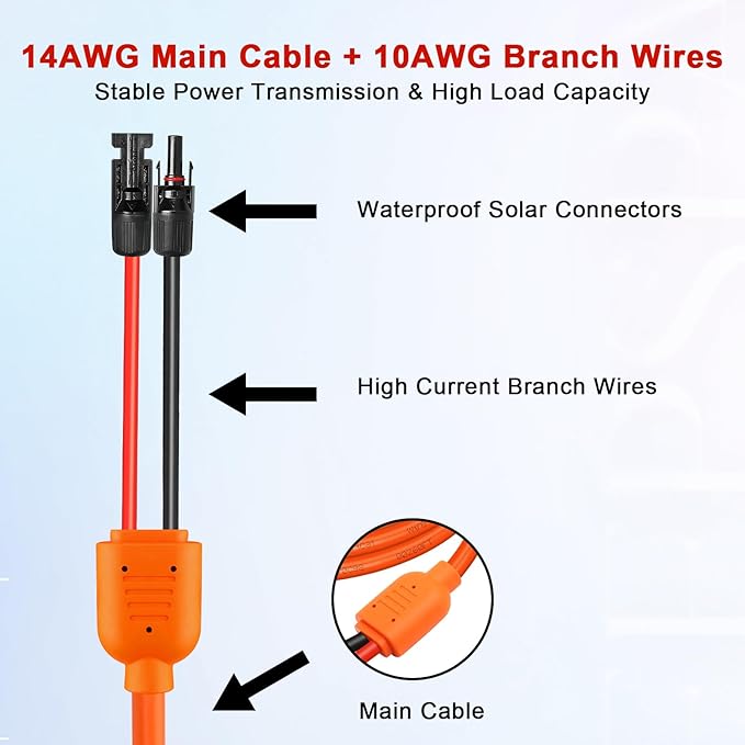 XRDS -RF Solar Extension Cable 20FT 14AWG Tinned Copper with Solar Panel Connectors 10AWG Red &amp Black Branch Wires Heavy Duty Outdoor Power Cord for RV Inverter Generator Off-Grid System