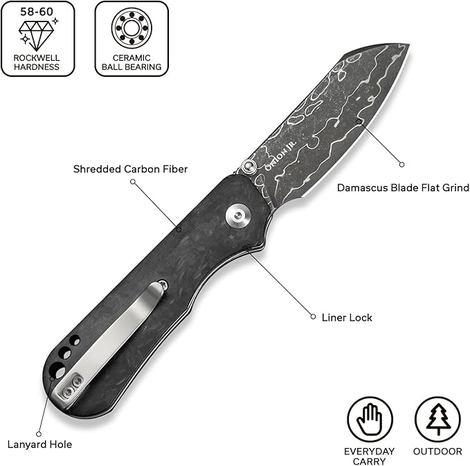 CIVIVI Crabby Pocket Knife EDC Folding Knife for Men Women with Damascus Blade Contoured Shredded Carbon Fiber Handle Designed by Ken Onion Jr. C24055-DS1