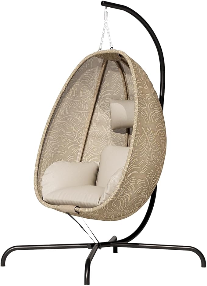 ALAULM Foldable Egg Chair with Stand 485LBS Capacity Textilene Hammock Swing Chair for Outdoor &amp Indoor Patio Hanging Chair with Strong Frame &amp UV Resistant Cushion for Balcony Bedroom Cre
