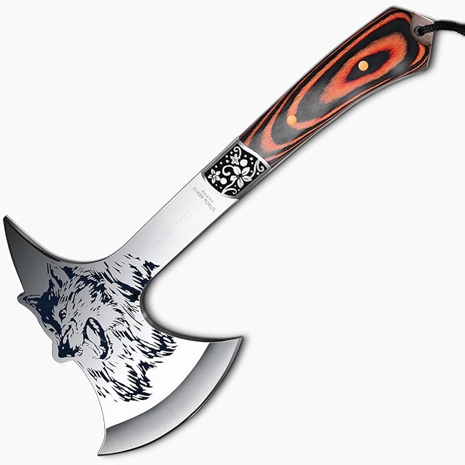 Camping Hatchet Overall 8.5in w/4in Blade Compact Camp Axe Stainless Steel Blade and Comfortable Wooden Grip Outdoor Hunting Survival Hiking Tactical Axe Tomahawk Sheath Included