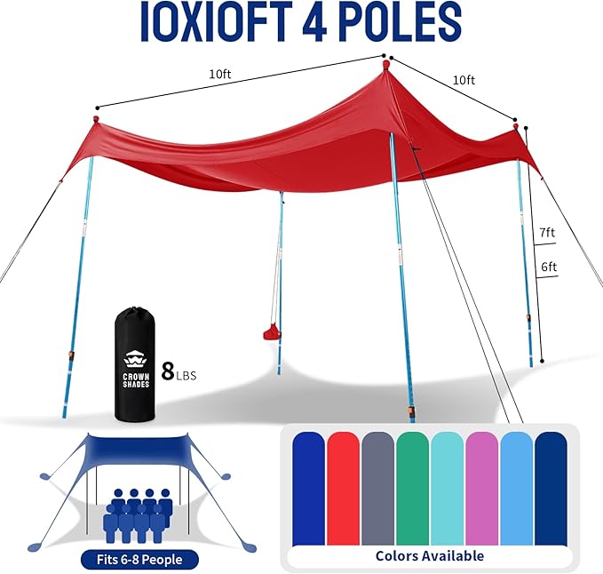 CROWN SHADES 10x10 Beach Tent Sun Shelter Easy Pop Up Beach Canopy Shade Portable Outdoor Carpas UPF50+ Includes 4 Poles Adjustable Aluminium Extra-Large Big Sand Shovel Red