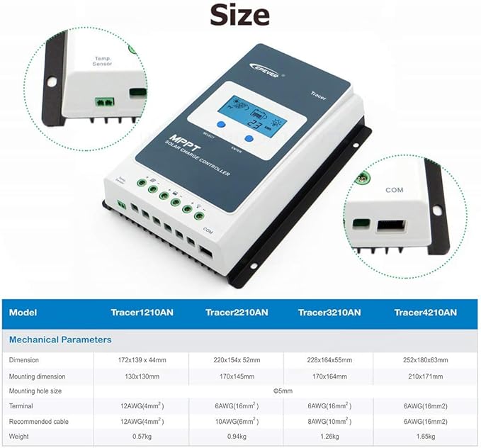 EPEVER 30A MPPT Solar Charge Controller 12/24V DC Tracer-an Series Charge Controller with MT52 Remote Meter &ampTemperature Sensor &ampRS485 Cable fit for Lithium Sealed AGM Battery Negative Groun