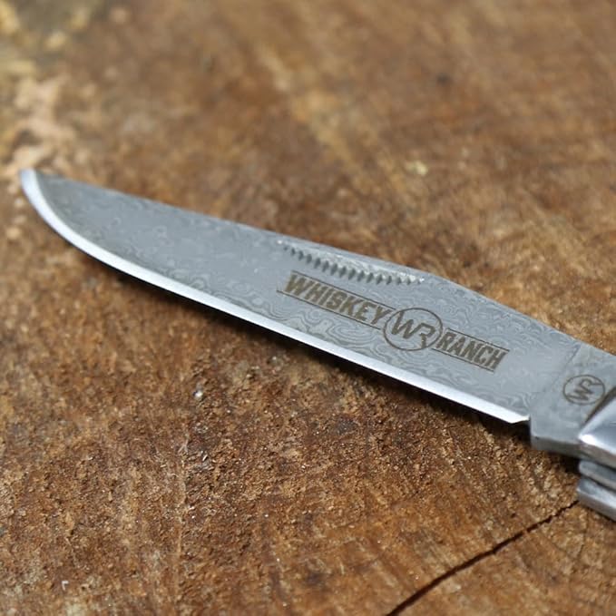 WHISKEY BENT HAT CO. Traditional Trapper Folding Pocket Knife 4.125 Closed Length 440C Stainless Steel Blades (Spring Branch - Damascus Blades)