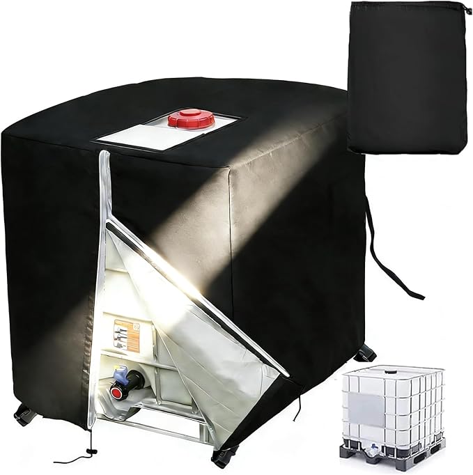 IBC Tote Cover 275 Gallon 1000L Water Tank Cover Side Windproof Hook and Loop Fastener 420D Tear-resistant Oxford Cloth with Reflective Zipper Design (Black)