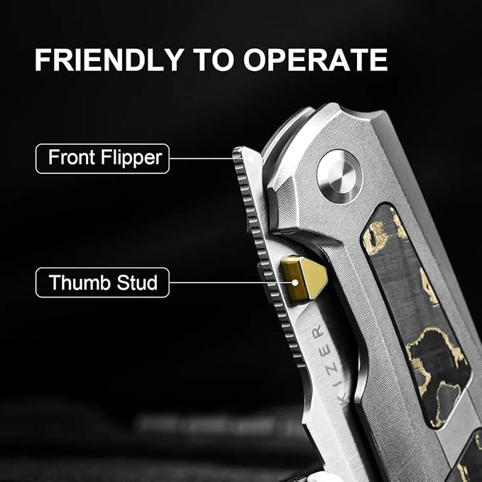 Kizer Feweed Pocket Knife 2.98 Z-Wear PM Clip Point Blade Folding Knife with Titanium Handle with CamoCarbon Gold Front Flipper &amp Thumb Stud Opener EDC Knives for Camping Hiking KI3694A4