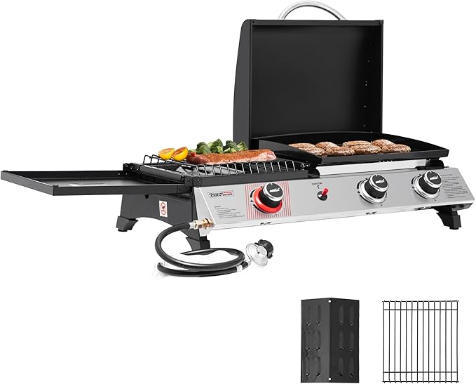 Royal Gourmet PD1305H 3 Burner Propane Gas Grill and Griddle Combo with Lid 3-in-1 Grill Griddle Combo with 29000 BTUs Output for Outdoor Cooking 364 Sq. In. Cooking Area Silver &amp Black