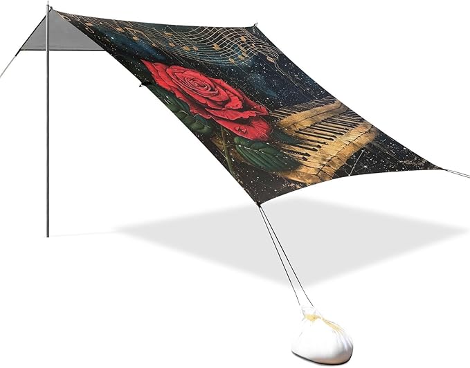 ALAZA Rose on Piano Musical Note Starry Beach Tent Sun Shelter Portable Canopy Sunshade for Outdoor Camping Picnics Backyard Fun 10x9 ft