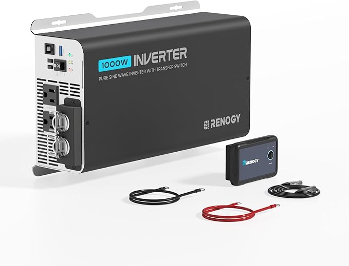Renogy Inverter PUH 1000 watt Pure Sine Wave Inverter Built-in Transfer Switch and Bluetooth Car Power Inverter 12V to 120V AC Converter for RV Truck Camping Home Emergency Off-Grid Living