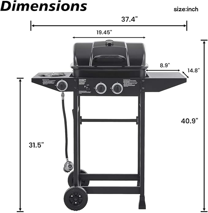 2-Burner Propane Gas BBQ Grill with Side Burner 24000 BTU Stainless Steel Barbecue Grill with Cast Iron Grates and Side Table for Outdoor Cooking Kitchen Patio