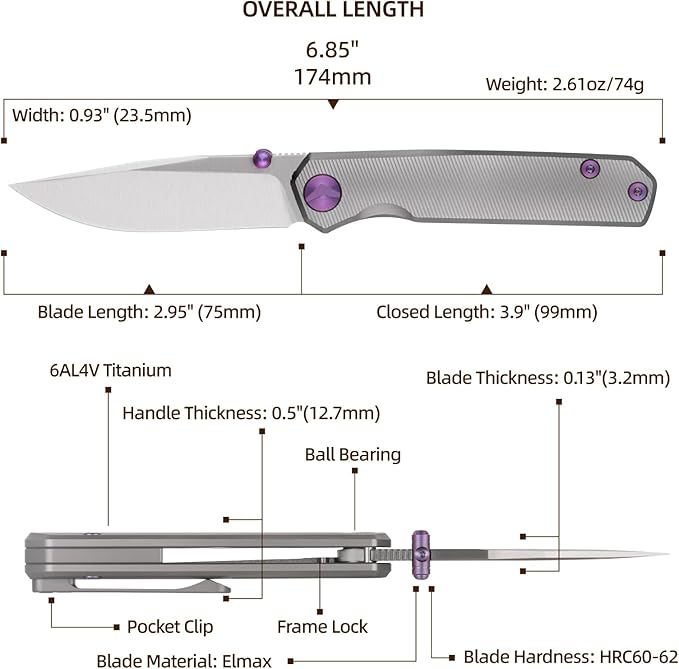Folding Pocket Knife 2.95 Elmax Blade EDC Knife with Titanium Handle and Frame Lock Small Pocket Knife with Clip for Men Sharp Camping Hiking Hunting Survival Knives (Silver)
