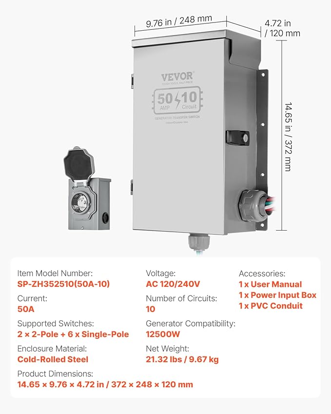 VEVOR Manual Transfer 50-Amp 10-Circuit Prewired Generator Transfer Kit with CS6375 Plug Power Inlet Box Double-Throw NEMA 3R Mechanical Watt Meter for 12500W Generators