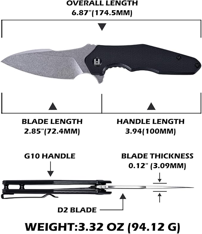 Hightron Mini Ventura Pocket Knife Flipper Folding Knife with 2.85 Stonewashed Sharp D2 Blade and G10 Handle EDC Pocket Knives with Pocket Clip for Camping Hiking Black-W