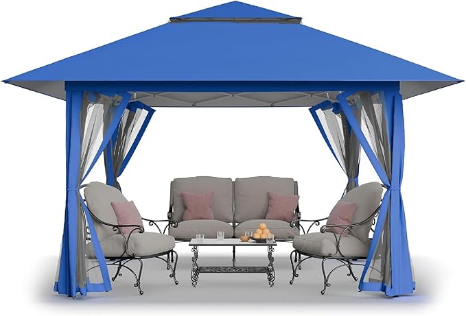 CROWN SHADES 13x13 Pop Up Gazebo Canopy Tent Gazebos on Clearance - Outdoor Gazebo for Backyard &amp Patio Furniture - Carpa Pop Up Tent with Wheeled STO-N-Go Cover Bag (Blue)