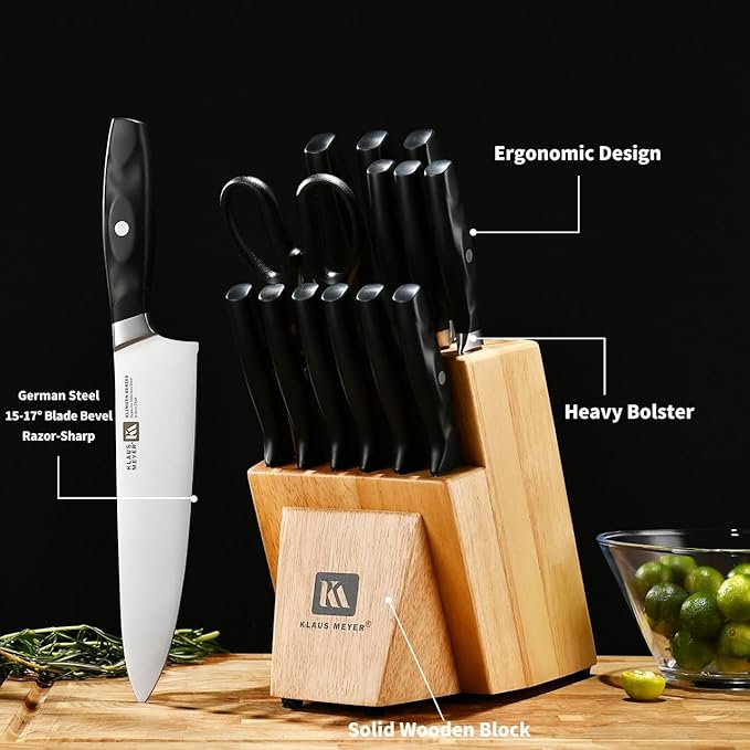 Klaus Meyer 15 Pieces Knife Block Set High Carbon German Stainless Steel Forged Sharp Blade Knife Set With Block Dishwasher Safe Cutlery