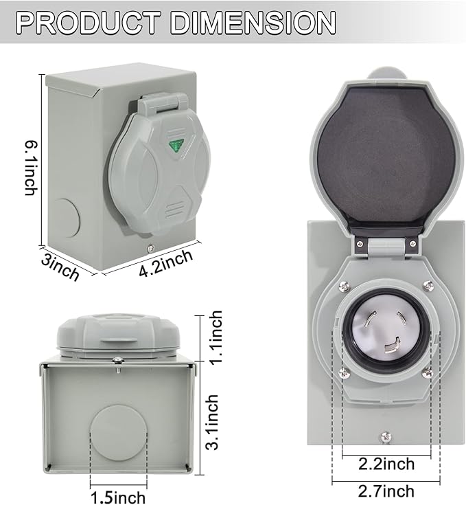 30 Amp Generator Inlet Box with Pre Punched Knockouts NEMA L5-30P Outdoor Generator Transfer Switch for 3 Prong Generator Cord 30A Power Inlet Box for Outdoor Use
