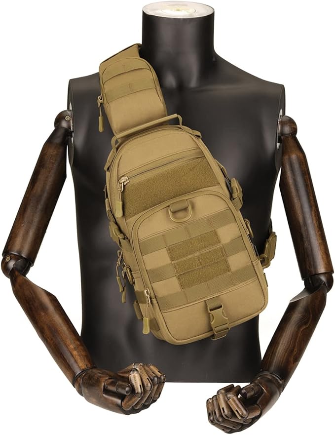 Tactical EDC Sling Bag Military Shoulder Backpack for Men Women Molle Chest Assault Pack Outdoor Crossbody Daypack (Brown)