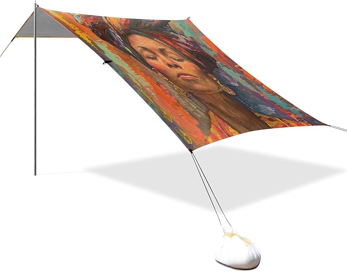 ALAZA African American Oil Painting Beach Tent Sun Shelter UPF50+ Protection Beach Shade Canopy w/ 4 Sandbags for Outdoor Camping Fishing Backyard Fun Picnic 10x9 ft