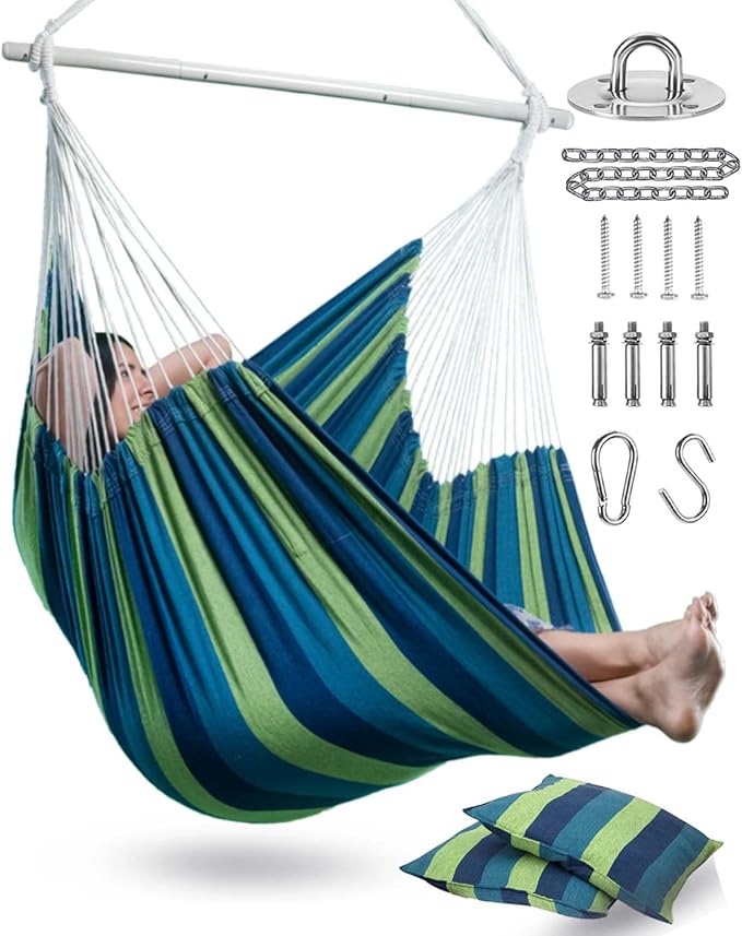 XXL Hammock Chair Hanging Rope Swing with 2 Cushions - Max 500lbs-Perfect for Patio Porch Bedroom Backyard Indoor or Outdoor - Includes Hanging Hardware Kits