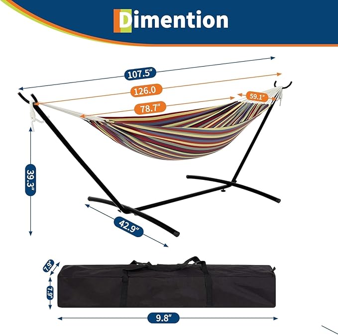 TrailBlaze Double Person Heavy Duty Hammock with Space-Saving Steel Stand 450lb Capacity Portable Carrying Case Premium Balance Beams Indoor/Outdoor Use - Yellow Rainbow Stripes