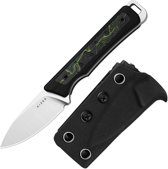 Kizer Whiskey Jack Fixed Blade Knife 2.06 Drop Point AEB-L Blade Hunting Knife with Kydex Sheath Black &amp Green G10 &amp Damascus G10 Handle EDC Knives for Camping Survival 1108A3