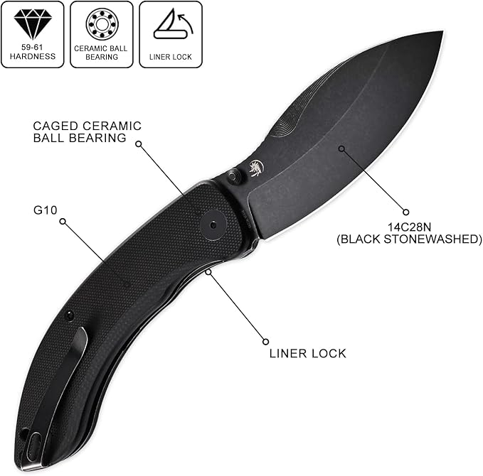 Petrified fish PFB06 Zonda Folding Knife3.74 14C28N Steel Black Stonewashed Blade G10 Handle Folding knife for EDC Camping Outdoor (Black Black Stonewashed)