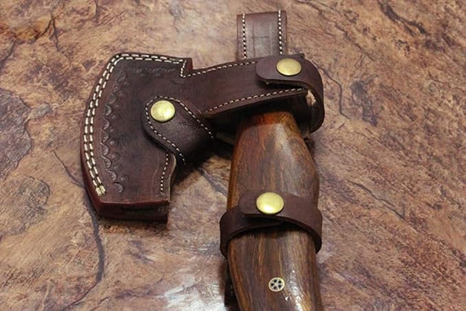 16 Inches Long Hand Forged Damascus Steel Tomahawk Axe Bearded Hiking Battle Axe Rose Wood Round Handle Large 5 Cutting Edge Thick Cow Hide Leather Sheath
