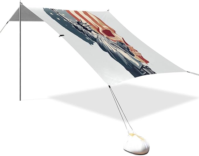 ALAZA Skull USA Flag Statue of Liberty Beach Tent Sun Shelter Portable Canopy Sunshade for Outdoor Camping Picnics Backyard Fun 10x9 ft