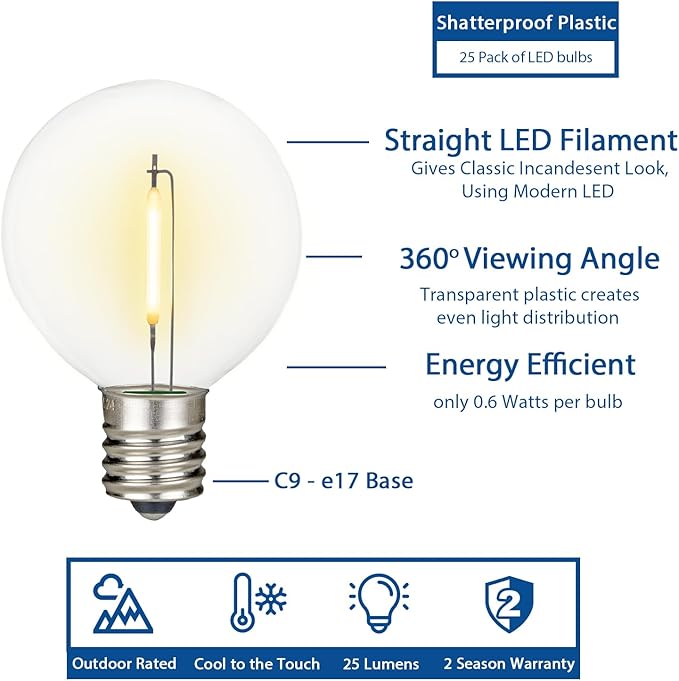 Novelty Lights 25 Feet G50 LED Patio String Light Set with 25 Bulbs Warm White Weather Resistant and Shatterproof Replaceable Plastic Globe Bulbs Green Wire