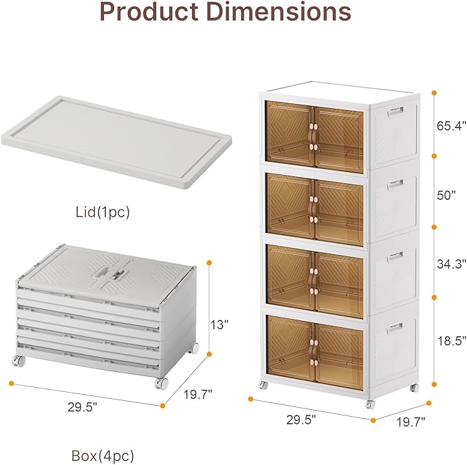 UAMFURI Stackable Storage Bins with Lids 720QT Closet Organizers and Storage with Doors and Wheels Extra Large Storage Cabinet Collapsible Plastic Drawers for Bedroom Dorm Office Garage
