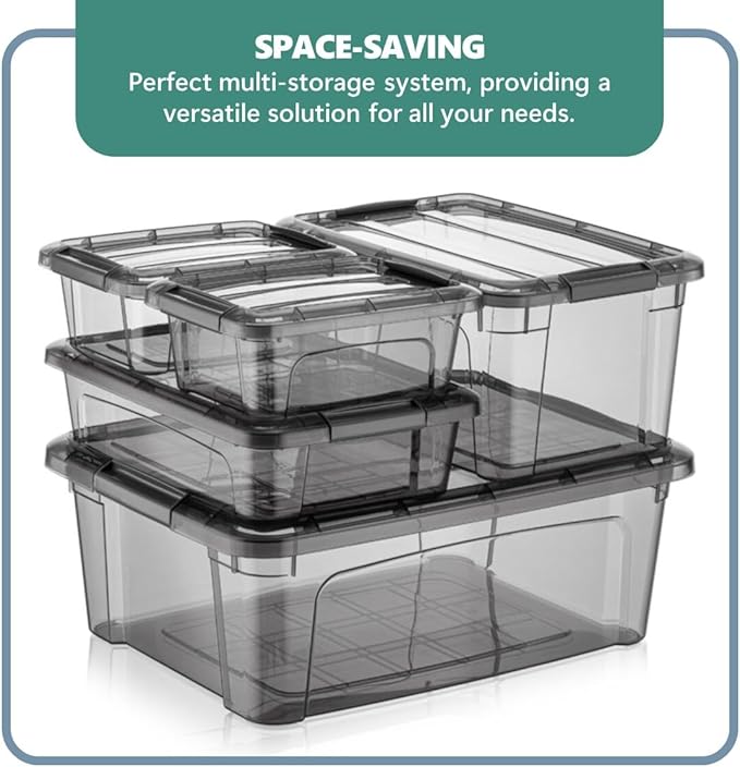 Tribello Bulk Plastic Latching Storage Container Bin With With Lids For Organizing - Tinted - Made in EU (6 Pack 12.5 Quarts)