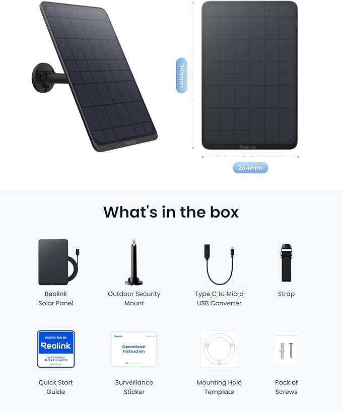 Reolink 12W Solar Panel Black Non-Stop Solar Power Supply for All Wireless Battery Camera Outdoor Compatible with TrackMix/Argus PT Ultra/Duo 2/Eco Ultra/3 Ultra Waterproof Reolink Solar Panel 3