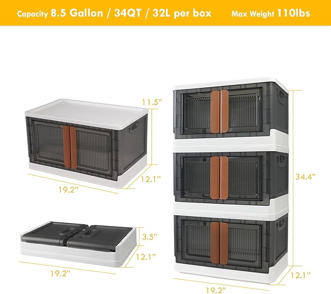AJP Distributors 3 Pack of 8.5 GAL Stackable Storage Bins with Lids Plastic Collapsible Totes Folding Box Storage Containers Stacking Wardrobe Closet Organizer For Home Office Clothing Books