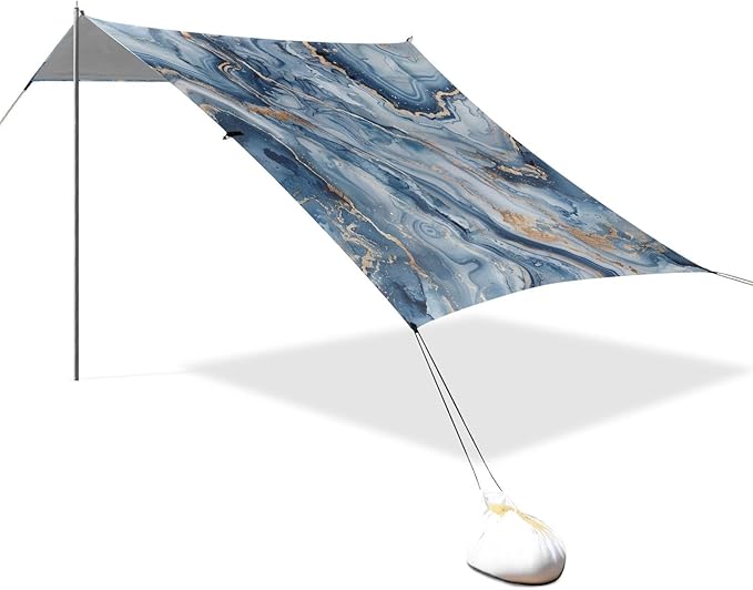 ALAZA Marble Watercolor Blue &amp Gold Beach Tent Sun Shelter UPF50+ Protection Beach Shade Canopy w/ 4 Sandbags for Outdoor Camping Fishing Backyard Fun Picnic 10x9 ft