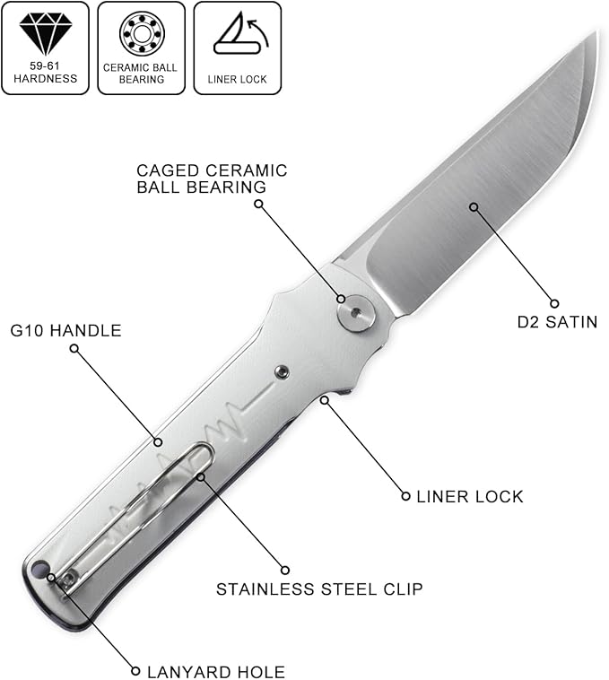 Petrified fish PFB04 Tena Folding Knife 3.82 D2 Steel Satin Blade G10 Handle Pocket Folding knife for EDC Camping Outdoor (White Satin)