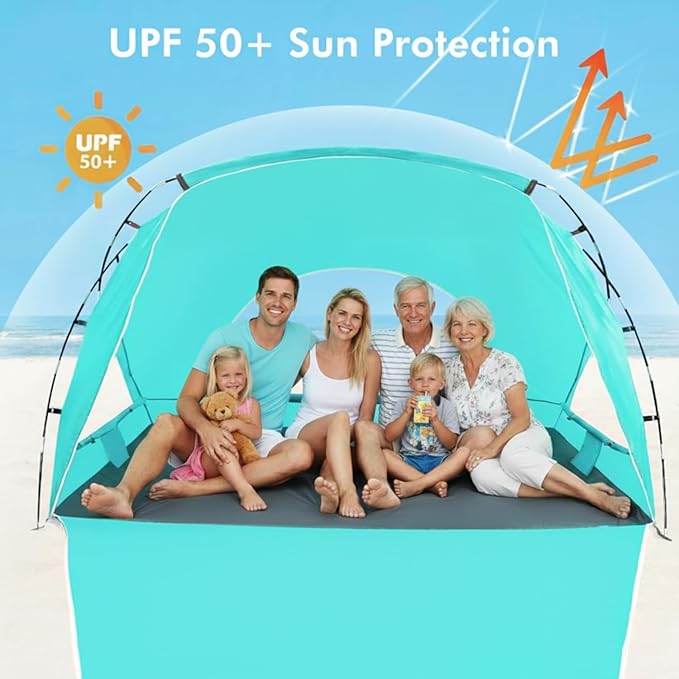 Beach Tent Portable Sun Shelter for 2/3/4/6-8 Person with UPF 50+ UV Protection Easy Setup Waterproof Beach Shade Canopy Cabana for Family Outdoor and Picnics Fishing with Carrying Bag