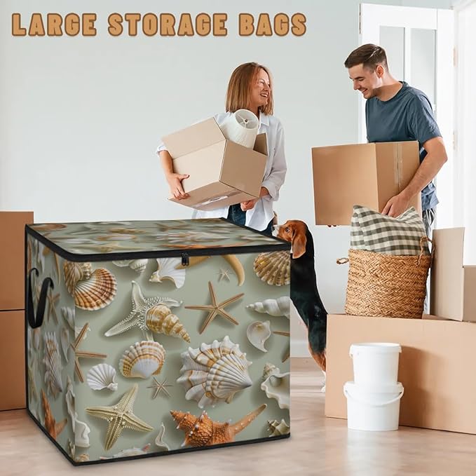 XL Large Clothes Storage with Lid Handle Starfish Large Thick Clothes Blanket Storage Containers for Organizing Bedroom Closet Comforter Tropical Seashells and Scallops