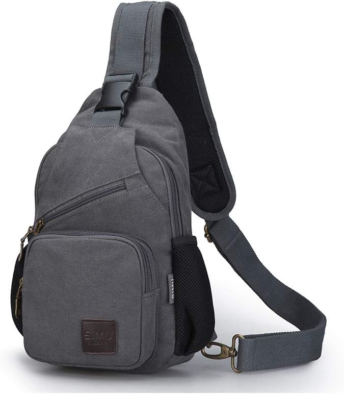 SIMU Sling Bag Pack Canvas Shoulder Sling Backpack Small Crossbody Chest Bag for ipad mini (Large grey)