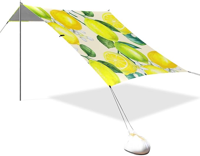 Beach Canopy with Windproof Ropes &amp Sandbags Beach Tent Sun Shade Sun Shelter for Camping Trips Fishing Backyard Fun or Picnics Lemon
