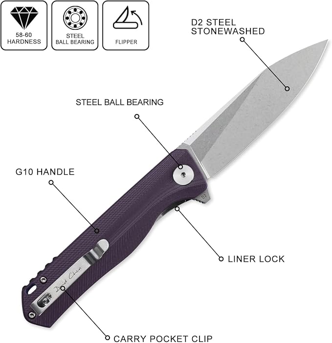 Petrified fish G10 handle D2 steel blade 2CR13 liner ball bearing flipper folding knife camping hunting EDC pocket tool PF818 (Purple Stonewash)