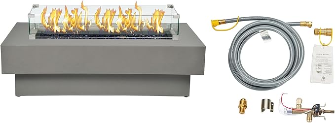 48-inch Fire Table with Natural Gas Conversion Kit &amp Wind Glass Shield 50000BTU Outdoor Modern Patio Fire Pit Table w/Rectangular Burner Lid Glass Rocks Cover
