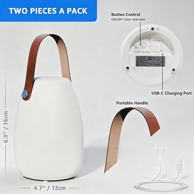 uuffoo 2 Pack Rechargeable Portable Table Lamp Cordless RGB Lantern with Remote Decorative LED Night Light IP44 Waterproof Indoor Outdoor Lamp for Bedroom Patio Garden Wedding Party