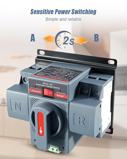 6–100A AC110V Dual Power Transfer Switch 2Pole ATS Automatic/Manual Changeover Transfer Switch for Home Generator Solar Power System with Auto Selector Over/Under Voltage Protection 50/60Hz