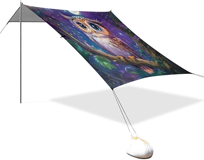 ALAZA Cute Owl Moon Beach Tent Sun Shelter UPF50+ Protection Beach Shade Canopy w/ 4 Sandbags for Outdoor Camping Fishing Backyard Fun Picnic 10x9 ft