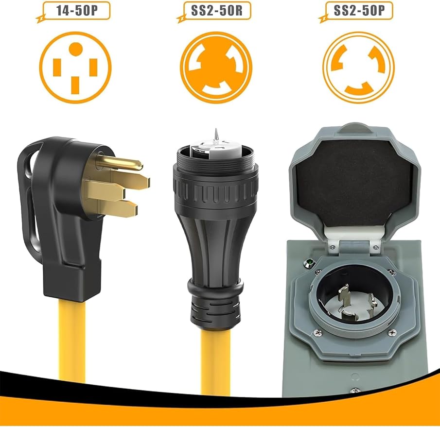 E-SDS 50 Amp Generator Cord and Power Inlet Box Waterproof Kit 125/250 Volt 50 Amp Inlet Box with 15FT NEMA14-50P/SS2-50R Extension Cord for RV Camper and Generator to House